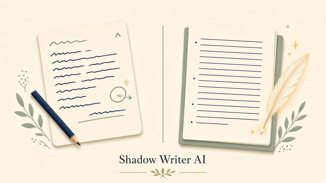 Watercolor of a marked-up manuscript on an easel beside a finished book, labeled Shadow Writer AI