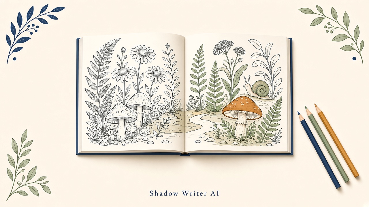 Watercolor of an open coloring book with colored pencils, labeled Shadow Writer AI