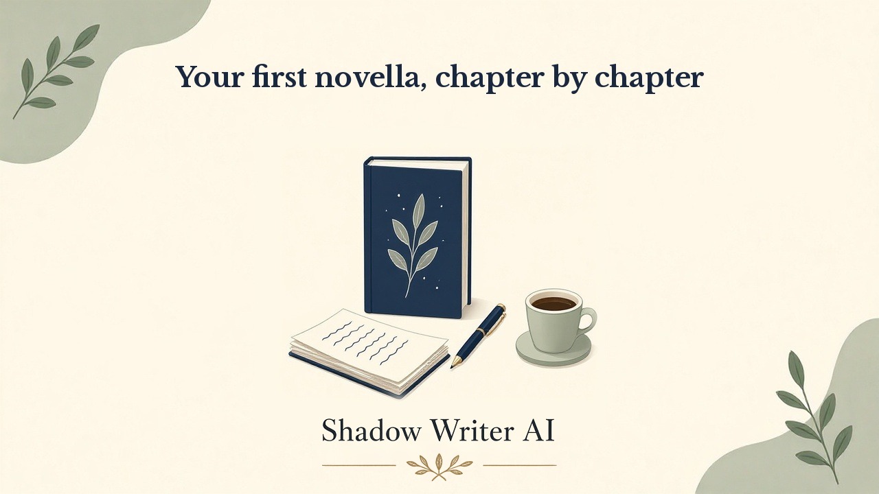 An illustration headed Your first novella, chapter by chapter, showing a closed navy book, an open notebook, a pen and a coffee cup, and the words Shadow Writer AI along the bottom