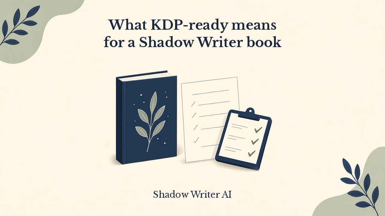 An open book showing a harbor and a lighthouse, with small leaf sprigs, the headline A finished book, ready for KDP, and a Shadow Writer AI label at the bottom