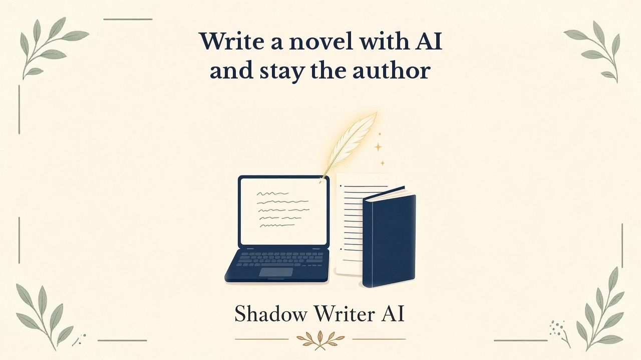 An illustration headed Write a novel with AI, and stay the author, showing a laptop, a glowing quill, pages and a closed navy book, and the words Shadow Writer AI along the bottom