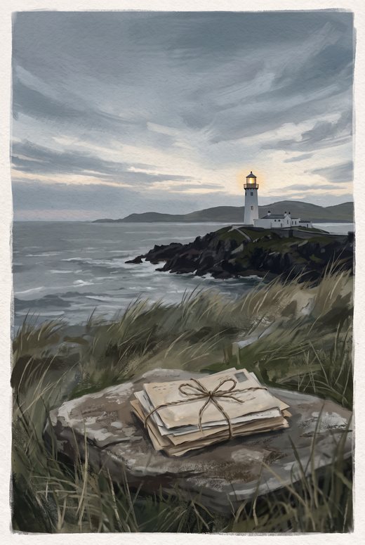 Cover of The Unsent: a lighthouse on the Donegal coast at dusk, a bundle of letters tied with twine on a stone in the foreground